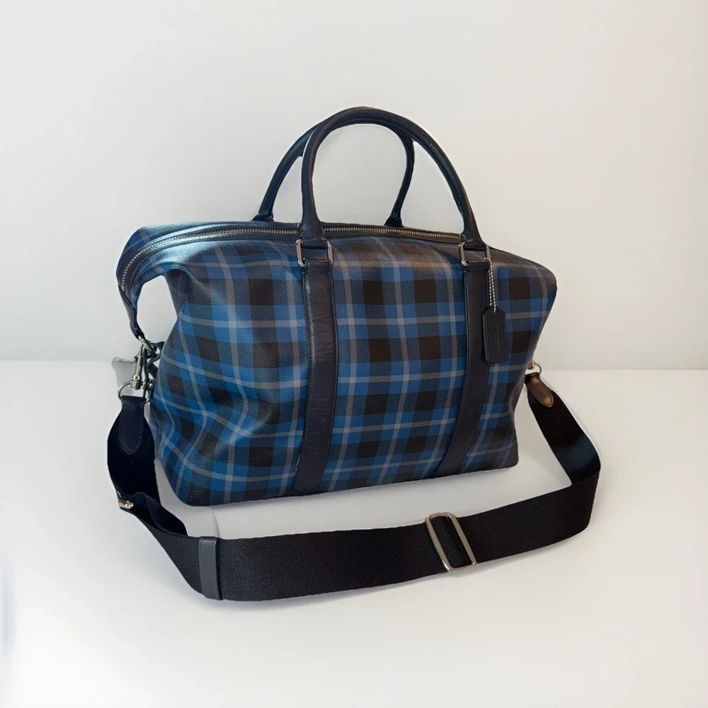 Coach Weekender Duffel Bag Blue Black Plaid Leather Trim Silver Hardware 17X11X9